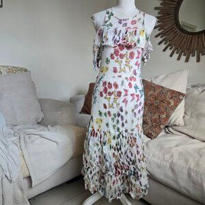 Vtg Rene Derhy Sz L Fairycore White Flowy Butterfly Floral Midi Sleeveless Dress